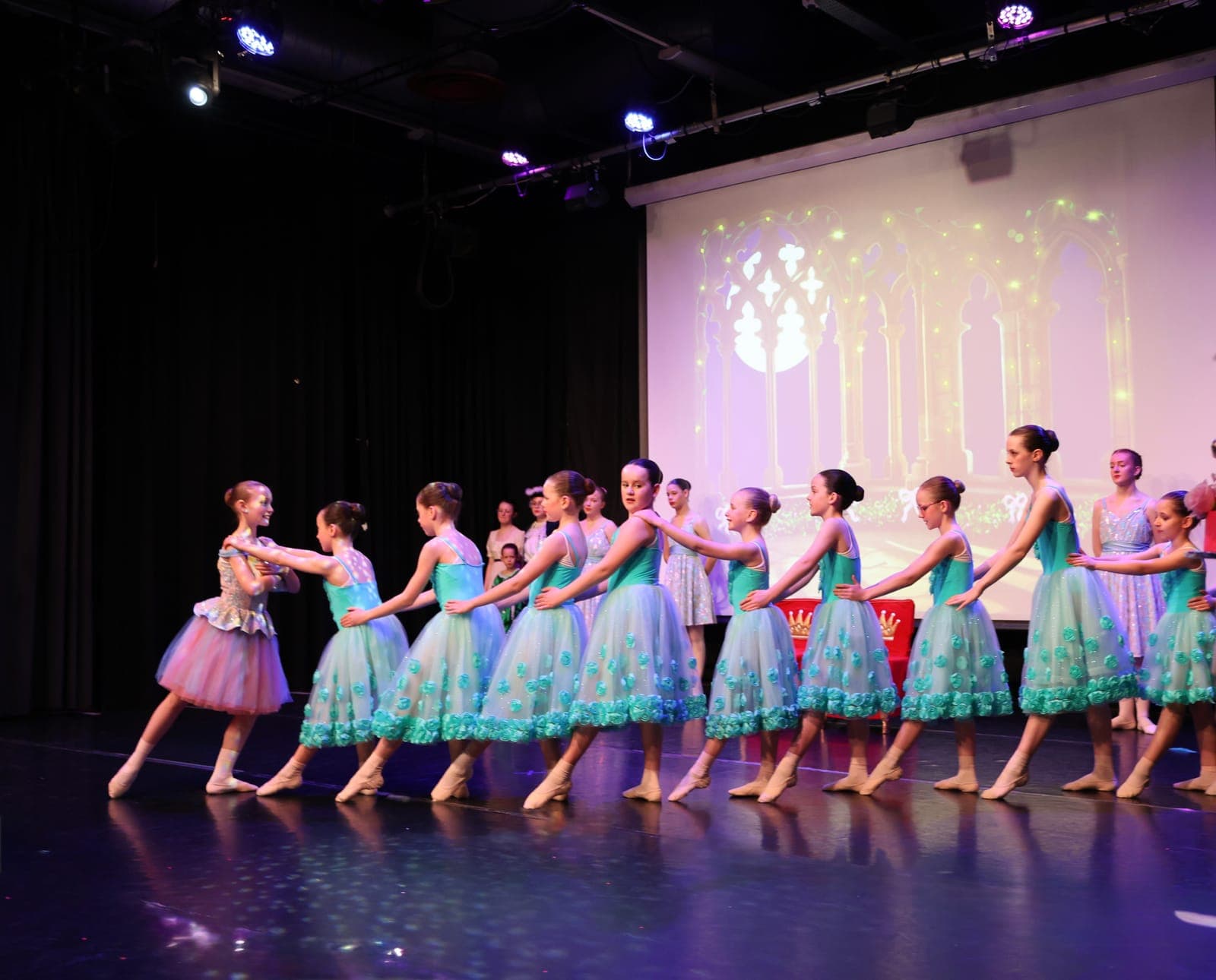 Junior ballet line in turquoise tutus on stage