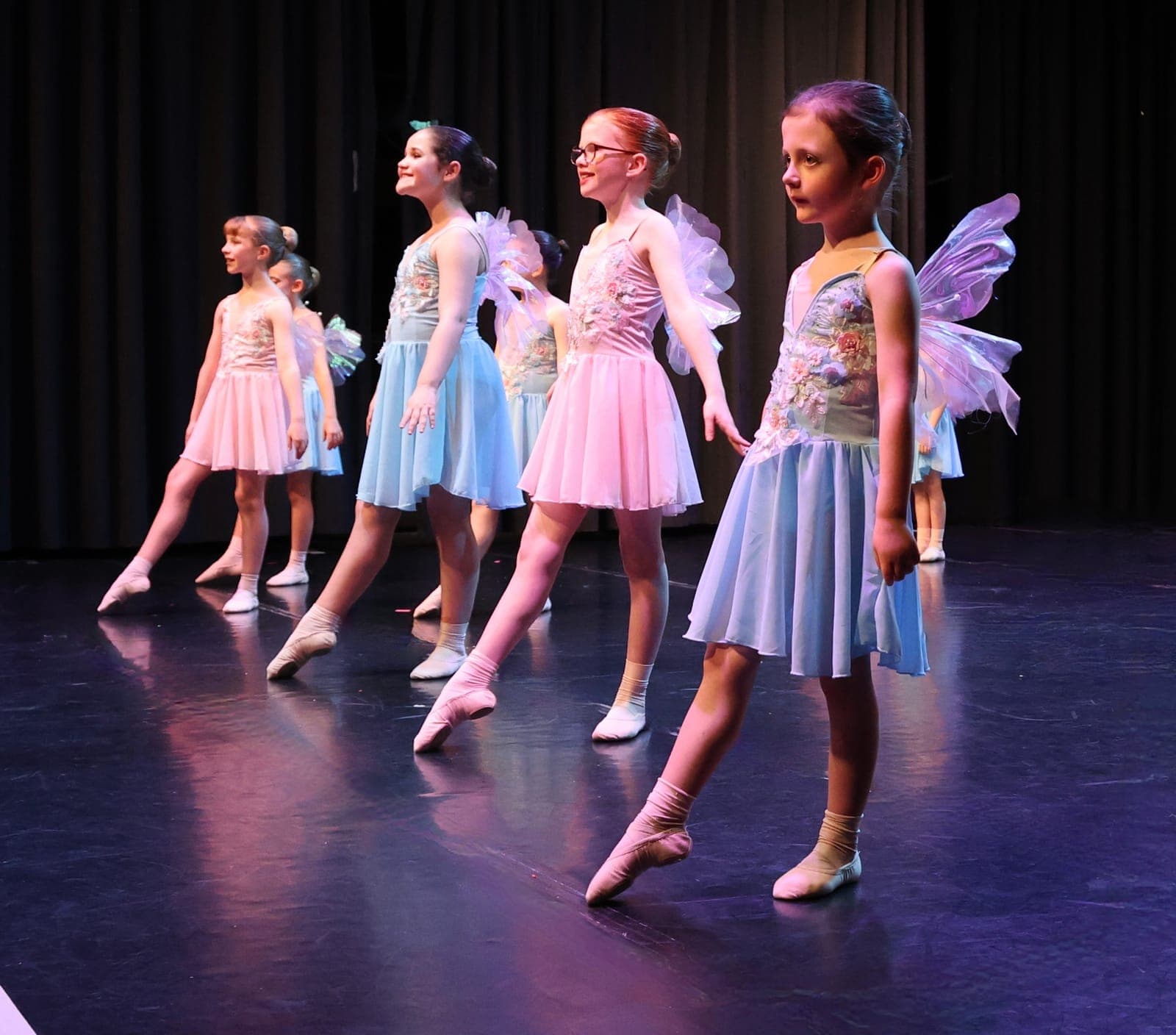 Young dancers in pink and blue fairy ballet costumes