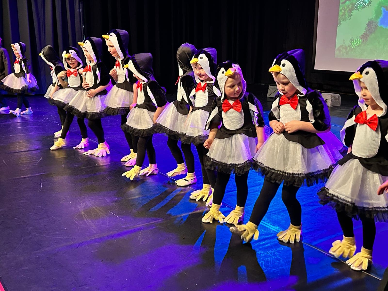 Young dancers in penguin costumes on stage